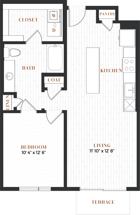 Floor plan for 1 bed, 1 bath, 699 sqft